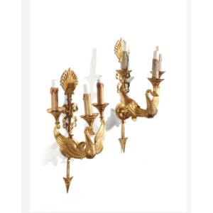Pair Of Empire Style Gilt Bronze Wall Lights