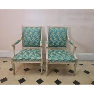 Pair Of Armchairs Stamped L.n Mariette (1730-1789) In Lacquered Wood, Louis XVI Period