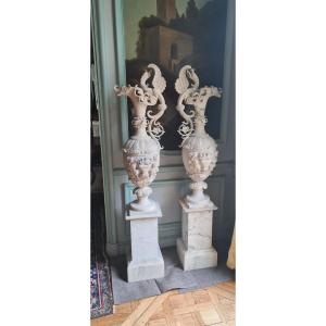 Pair Of Decorative Ewers In Richly Carved Alabaster. Italy, Voltera, 19th Century.