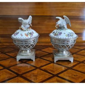 Pair Of Chiseled Silver And Porcelain Incense Burners, Minerva Hallmark