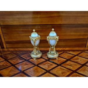 Pair Of Gilt Bronze And Onyx Cassolette Candlesticks. 19th Century
