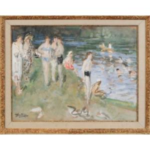 Montezin (1874-1946) - Gouache And Watercolor On Paper - Signed Lower Left - The Bathers - 