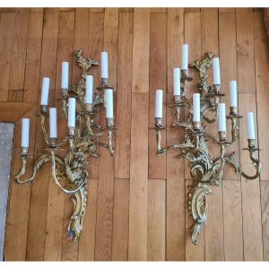 Pair Of 9-arm Gilt Bronze Wall Lights With Louis XV-19th Century Style Decoration.
