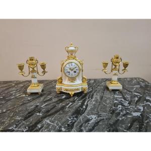 Set Of Clocks + Pair Of Candelabras Signed Planchon, Marble And Gilded Bronze, 19th Century