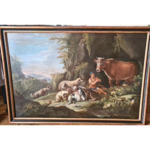 Giuseppe Tassoni (1653-1737) – Young Shepherd And His Flock – Hst- Signed -102 X 152 Cm
