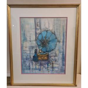 Tony Agostini (1916-1990) -phonograph -watercolor And Ink On Paper Signed Lower Right
