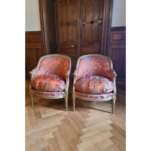 Pair Of Louis XVI Period Armchairs , Gilded Wood.