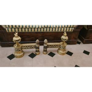 Pair Of Louis XVI Style Andirons In Gilt Bronze, Mid-19th Century.