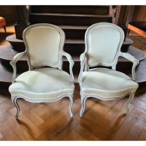 Pair Of Armchairs Stamped Meunier, Lacquered, Molded And Carved, Louis XV Period