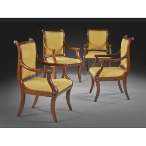 Set Of 4 Mahogany Armchairs, Att To François Honoré Jacob-desmalter (1770 - 1841)