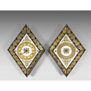 Pair Of Cartel Clocks And Barometers In Reverse-painted Glass, Charles X Period - Circa 1825