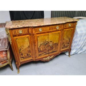  A Louis XVI Style Marquetry Sideboard Or Buffet Depicting Ruins And Landscapes - Stamped Lemas