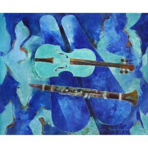 Tony Agostini (1916-1990) Violins And Clarinet - Oil On Canvas - 46x54 Cm