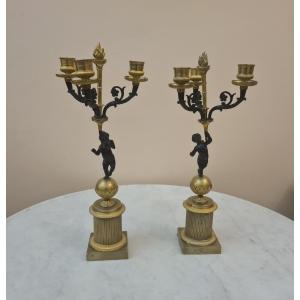 72 Pair Of "aux Amours" Candelabra In Gilt Bronze, Restoration Period.
