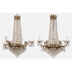 Pair Of Crystal And Gilt Bronze Chandeliers, Louis XVI Style, 19th Century