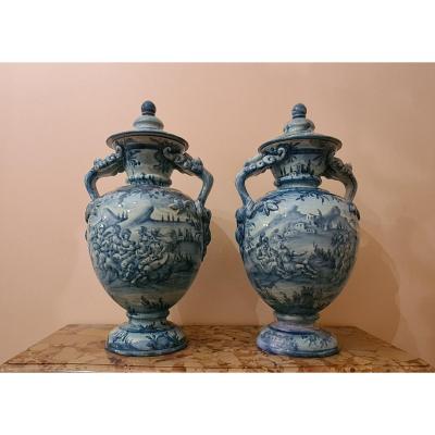 Large Pair Of Cantagalli Earthenware Vases, Late Nineteenth.