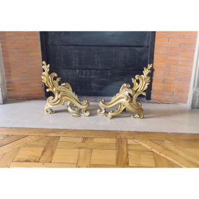 Paire De Chenets En Bronze Doré, Style Rocaille , époque Napoléon III.