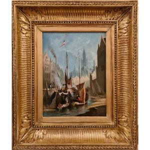 Jules Noël (1810-1885) Boats At Quay In The Port Of Quimper.