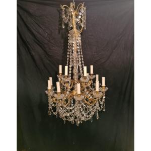Large Chandelier In Chiseled And Gilded Bronze With 15 Arms Of Light. Mid 19th Century.
