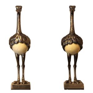 Pair Of Silver-plated Ostriches With Their Eggs, Circa 1980