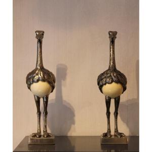 Pair Of Silver-plated Ostriches With Their Eggs, Circa 1980