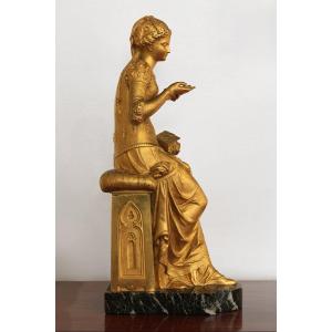 Young Woman With A Jewelry Box, Gilded Bronze Sculpture, 19th Century