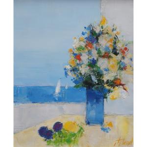 French And Rouen School Of The 20th Century “floral Composition” By éric Thiliard (1940)