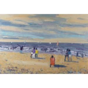 French And Norman School Of The 20th Century “beach Scene In Normandy” By Jacques Lebourgeois.