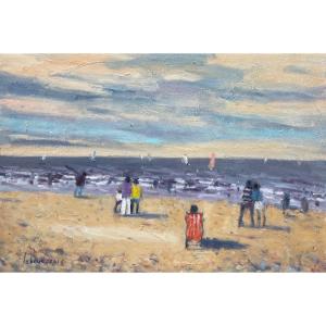 French And Norman School Of The 20th Century “beach Scene In Normandy” By Jacques Lebourgeois.