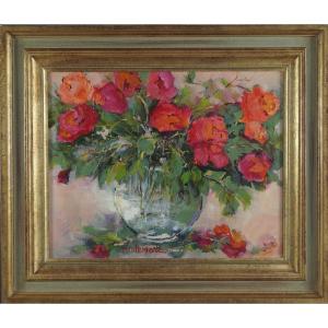 French And Rouen School Of The 20th Century “the Glass Vase” By Nicole Marc.