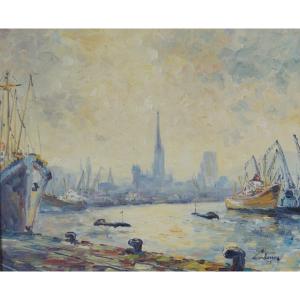 School Of Rouen, Post-impressionist Of The 20th Century “port Of Rouen” A. Cordenos (1933-1997)