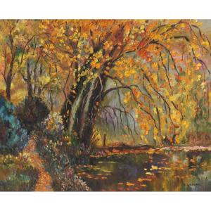 French And Rouen School Of The 20th Century “the Gouville Pond” By Eliane Grouard.