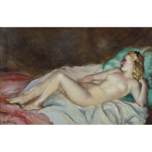 French And Contemporary School Of The 20th Century “young Naked Woman Lying Down” By Pau Feron