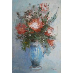 French And Rouen School Of The 20th Century “floral Composition” By Marcel Peltier.