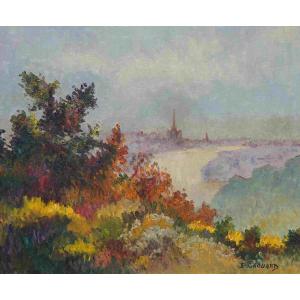 French And Impressionist School Of The Rouen School “panorama Of Rouen” By Eliane Grouard.