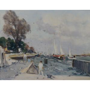 French School Of The 20th Century “sailboats In The Port” By Gaston Sebire (1920-2001) Pom