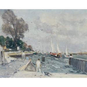 French School Of The 20th Century “sailboats In The Port” By Gaston Sebire (1920-2001) Pom