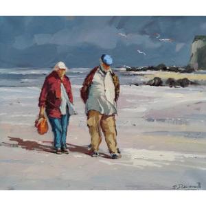 French And Norman School Of The 20th Century “beach Scene At Low Tide” By Jp. Dassonneville.