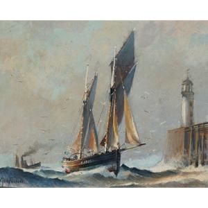 French School Of The 20th Century "sailboats In The Port" By Guy Peron.
