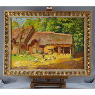Ecole Française du XIX-XXème "Paysage de cour de ferme" par Edmond COURCHE (datée de 1901)