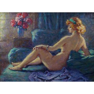 Ecole Française Du XXème   « Femme Nue, Allongée  Sur Son Divan » Par Georges Warner,  Datée De