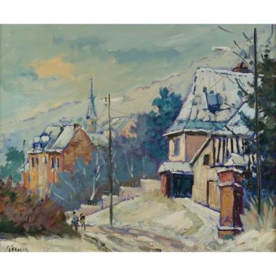 Ecole Française Du XXème « Neige à Moulineaux En Normande » Par Michel Koening.
