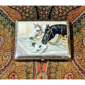 Necessary Box - Cigarette Case / Card Holder - Horses (enamelled Silver Bronze) 19th Century