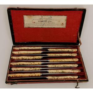 Table Service - Box Of 12 Carved Handle Knives - 18th / 19th Century Blade - Curiosity