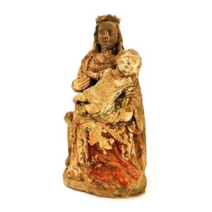 Religious Sculpture - Renaissance Statue Virgin In Polychrome Majesty - 15 Th France