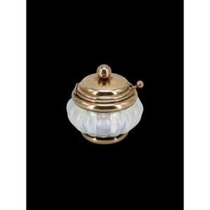 Opalescent Glass Mustard Pot - Silver Vermeil Frame - 19th Century Silverware Tableware