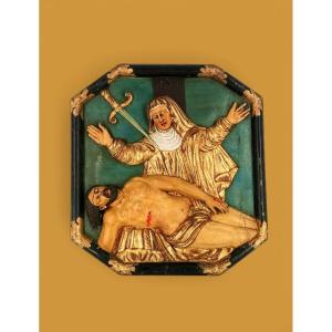 17th Century Monoxyl Sculpture - Polychrome And Gilded Virgin - Religious Bas Relief Dated 1673