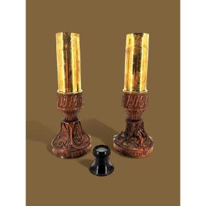 Pair Of Soldiers' Candlesticks - Trench Art - 20th Century Popular Sculpture
