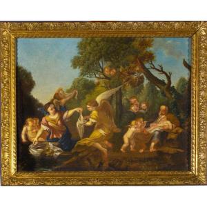 Rest During The Flight Into Egypt, Oil On Canvas From The 17th Century.