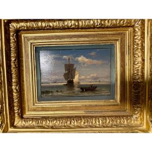Oil On Panel, Boat In Front Of Sailboat